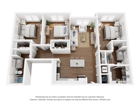 Floor plan for 3 beds, 3 baths, 1303 sqft